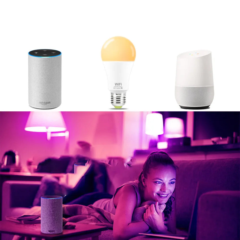 15W smart WiFi LED light bulb with RGB colour and white dimmable modes showing E27 and B22 fitting options