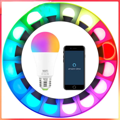 15W smart WiFi LED light bulb with RGB colour and white dimmable modes showing E27 and B22 fitting options