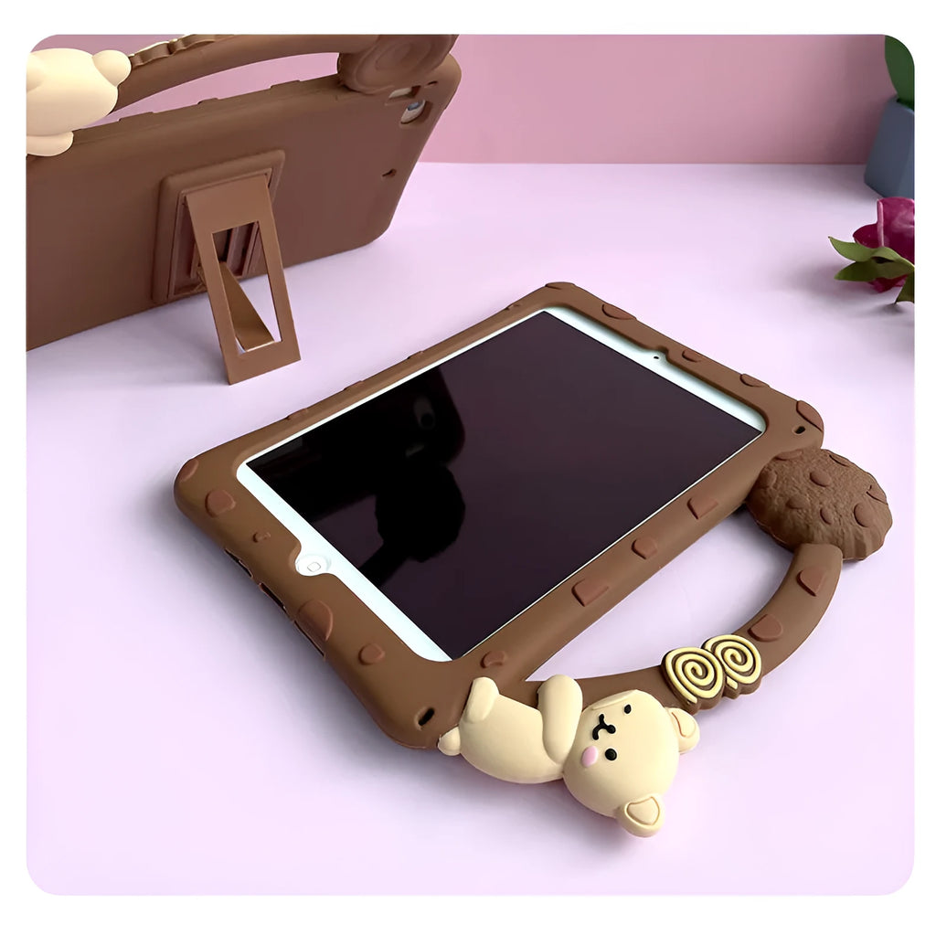Brown cartoon design silicone flat shell case for iPad tablets on a neutral background