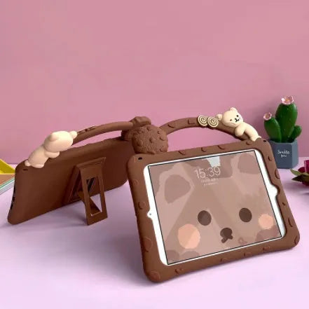 Brown cartoon design silicone flat shell case for iPad tablets on a neutral background