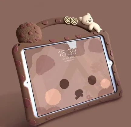 Brown cartoon design silicone flat shell case for iPad tablets on a neutral background