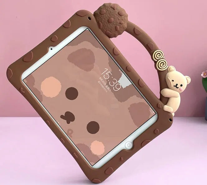 Brown cartoon design silicone flat shell case for iPad tablets on a neutral background