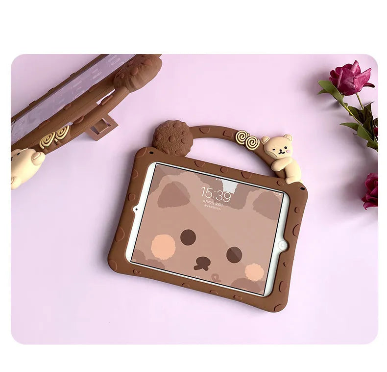 Brown cartoon design silicone flat shell case for iPad tablets on a neutral background