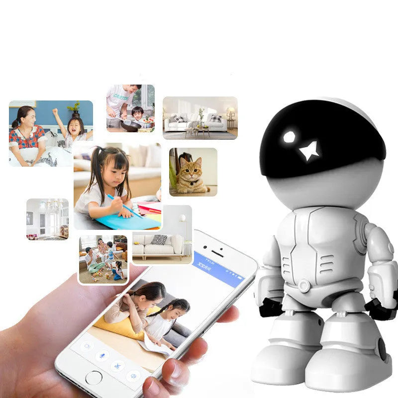 Silver plastic 1080p network security camera with wide-angle lens showing PTZ rotation capability