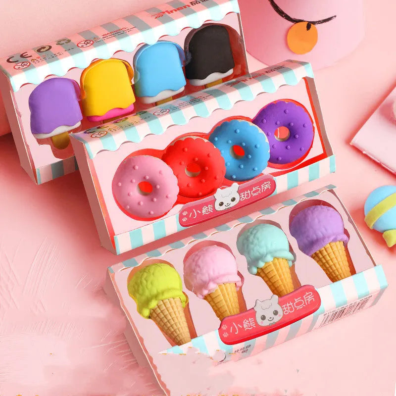 Cartoon eraser set with 12 character shapes including ice cream cones, doughnuts, and lollipops for children