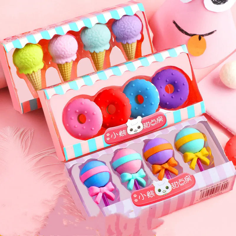 Cartoon eraser set with 12 character shapes including ice cream cones, doughnuts, and lollipops for children
