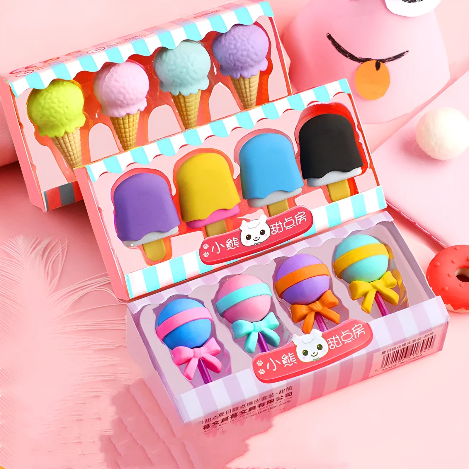 Cartoon eraser set with 12 character shapes including ice cream cones, doughnuts, and lollipops for children