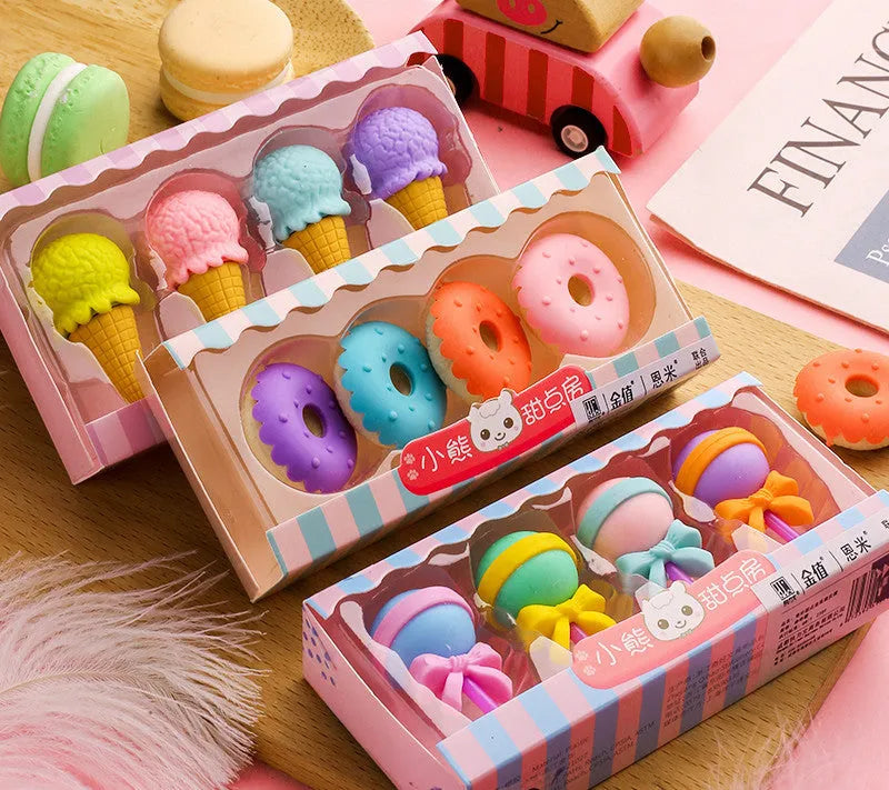 Cartoon eraser set with 12 character shapes including ice cream cones, doughnuts, and lollipops for children