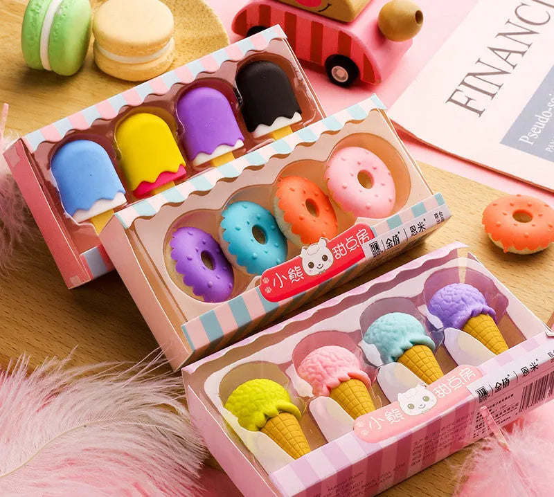 Cartoon eraser set with 12 character shapes including ice cream cones, doughnuts, and lollipops for children