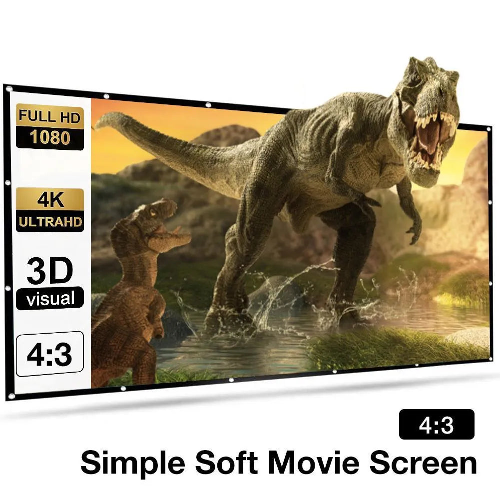 White polyester folding projection screen showing 150-inch diagonal size and 4:3 aspect ratio.