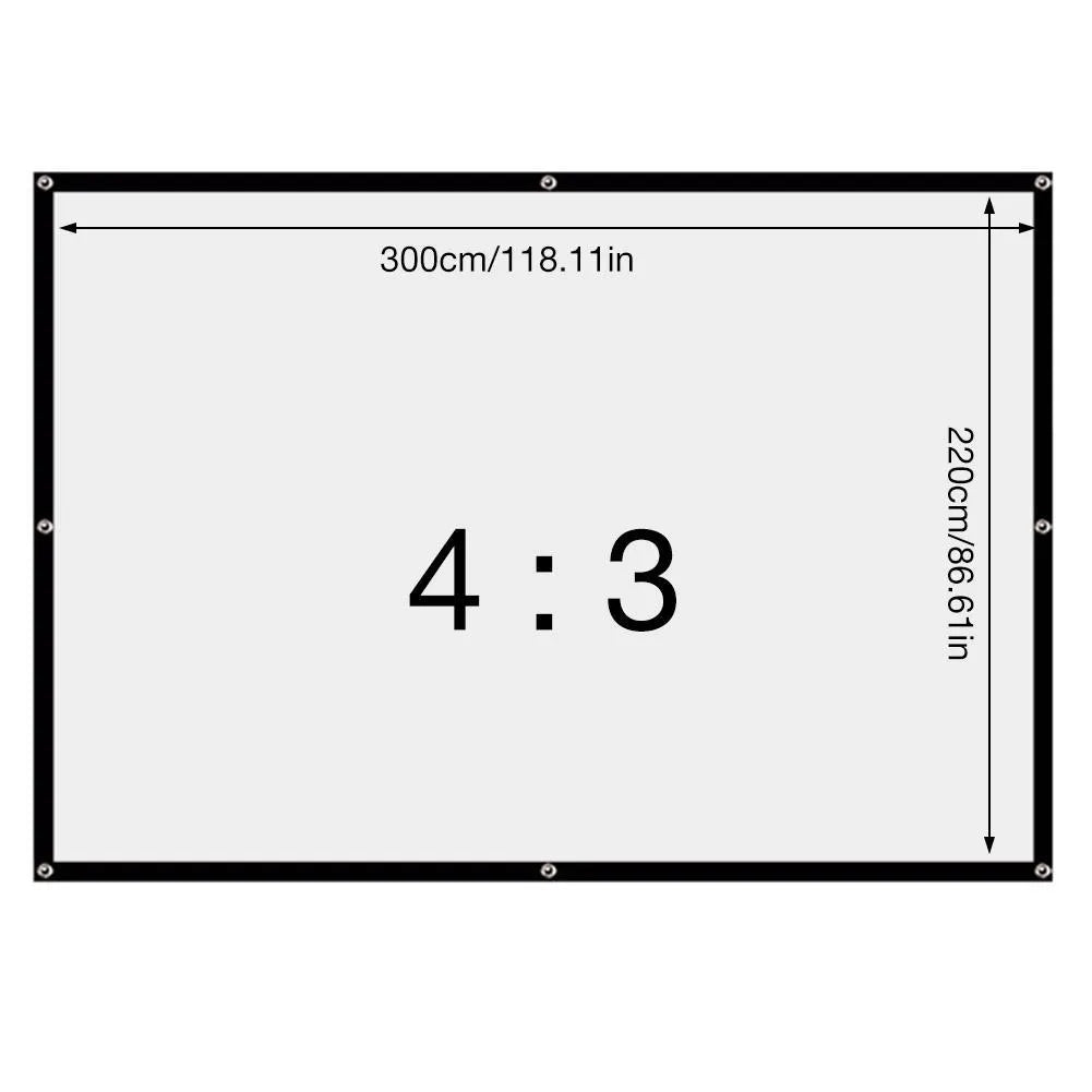 White polyester folding projection screen showing 150-inch diagonal size and 4:3 aspect ratio.