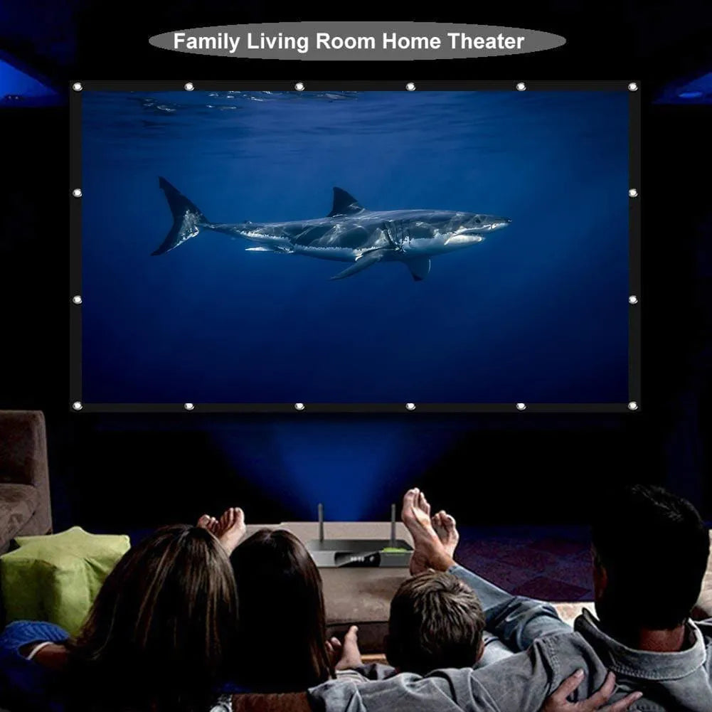 White polyester folding projection screen showing 150-inch diagonal size and 4:3 aspect ratio.