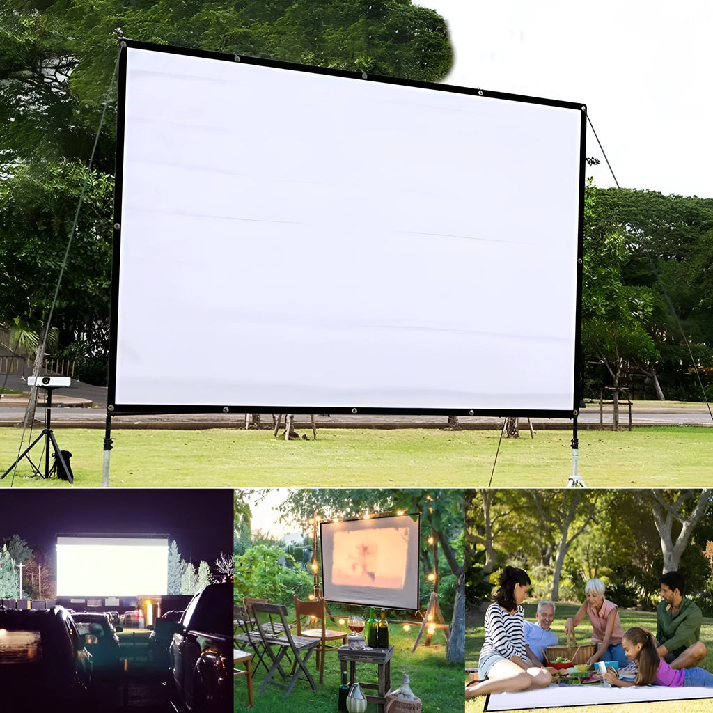White polyester folding projection screen showing 150-inch diagonal size and 4:3 aspect ratio.