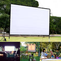 White polyester folding projection screen showing 150-inch diagonal size and 4:3 aspect ratio.