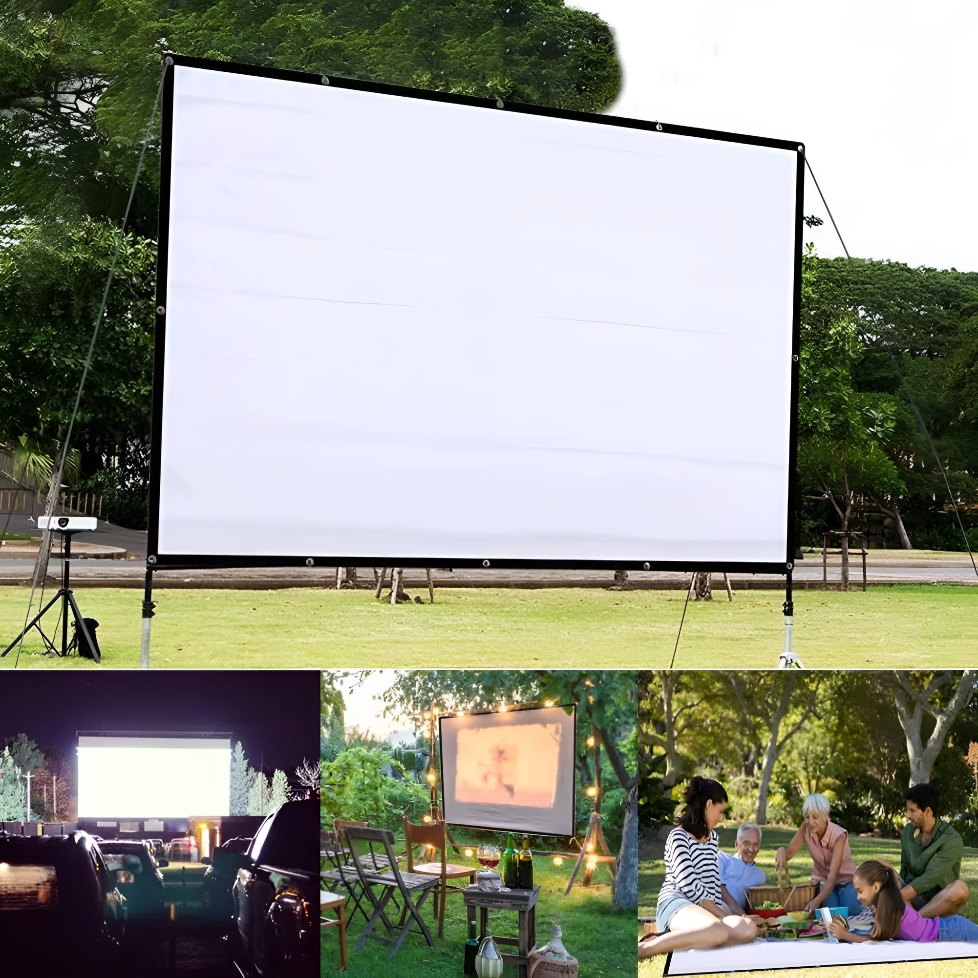 White polyester folding projection screen showing 150-inch diagonal size and 4:3 aspect ratio.