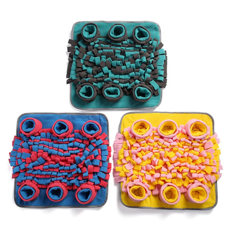 42cm polar fleece dog sniffing pad in blue with hidden treats, on a clean floor