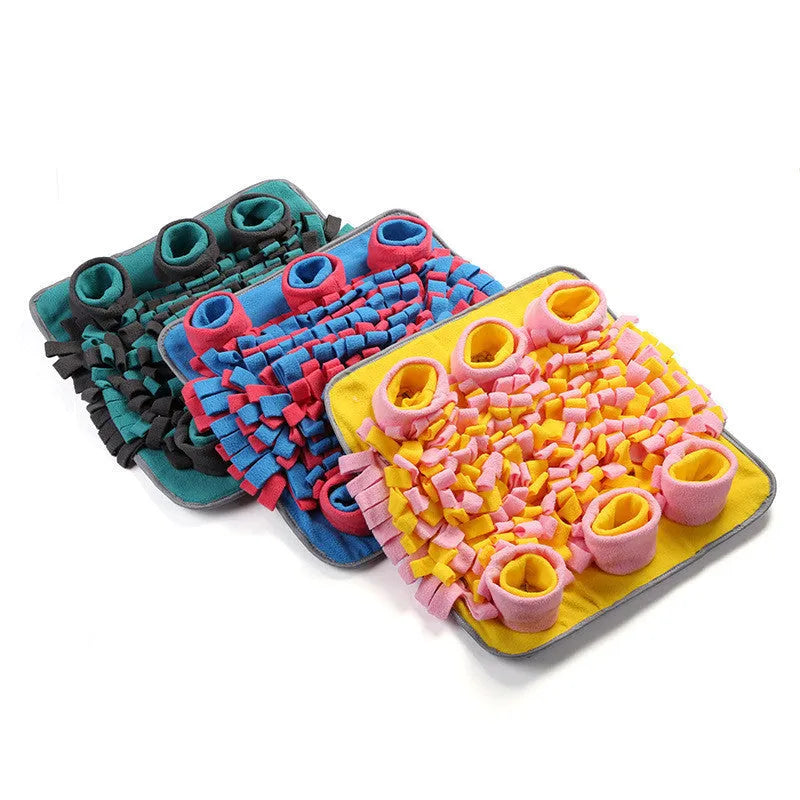 42cm polar fleece dog sniffing pad in blue with hidden treats, on a clean floor