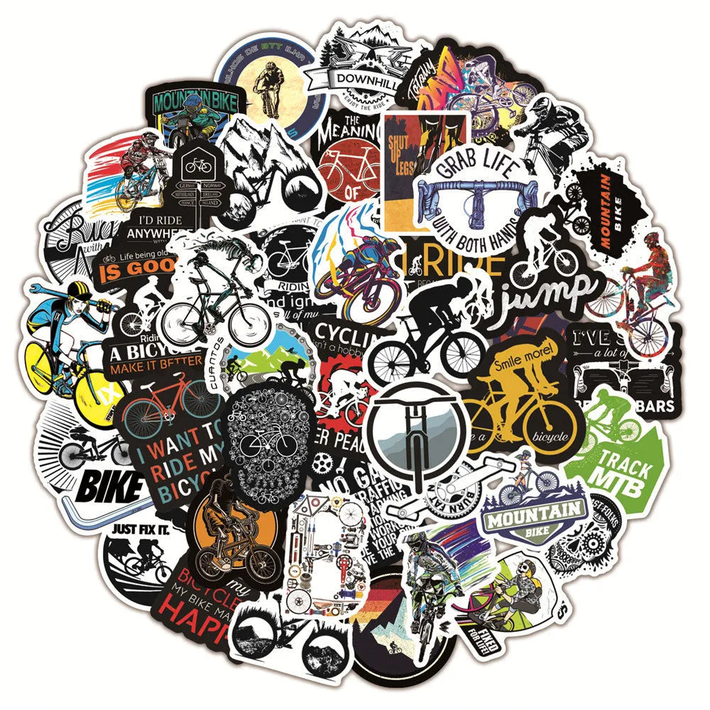 50-pack of self-adhesive bicycle doodle stickers for decorating notebooks, cases, and skateboards