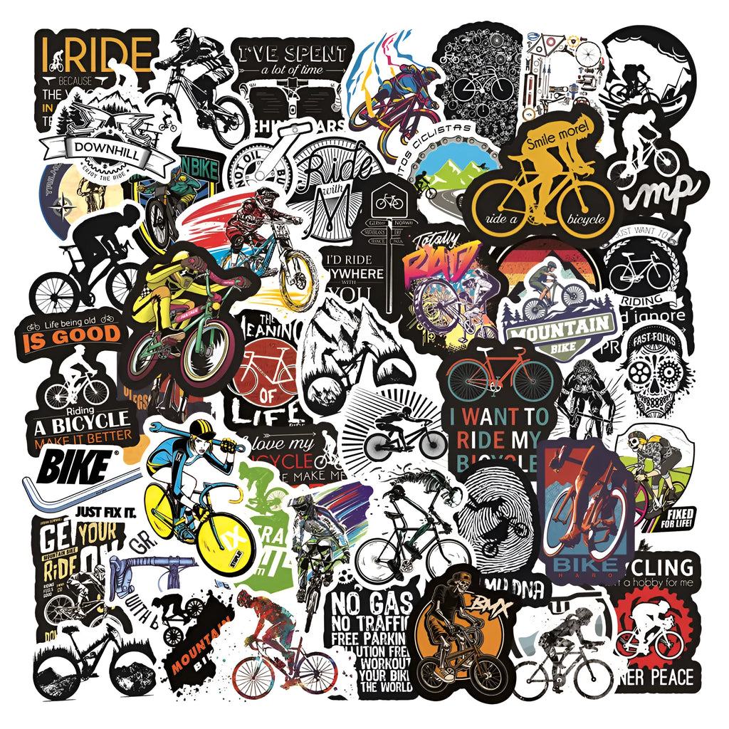 50-pack of self-adhesive bicycle doodle stickers for decorating notebooks, cases, and skateboards