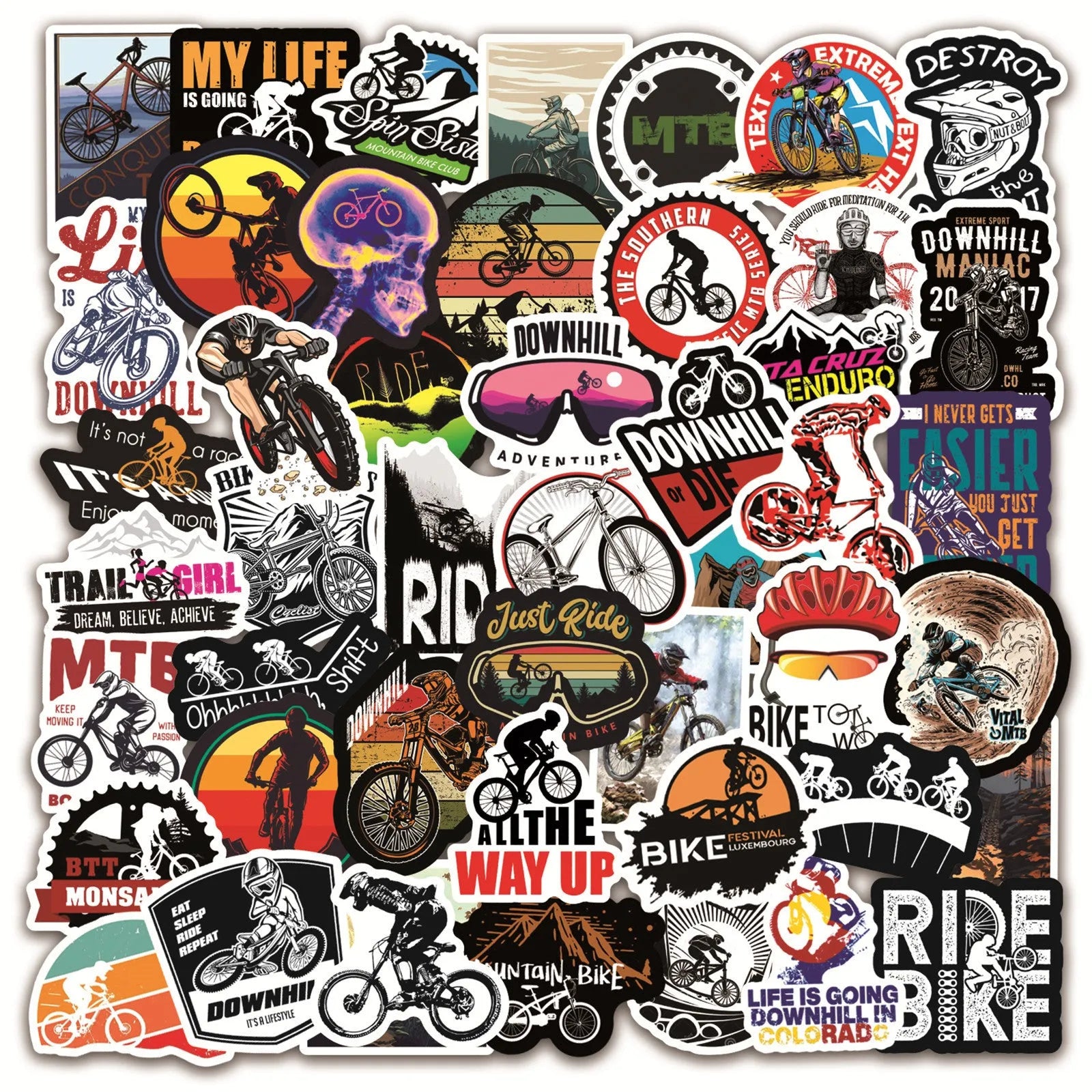 50-pack of self-adhesive bicycle doodle stickers for decorating notebooks, cases, and skateboards