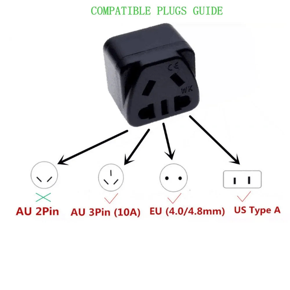 Square three plug power conversion adapter in black or white with five UK socket outputs