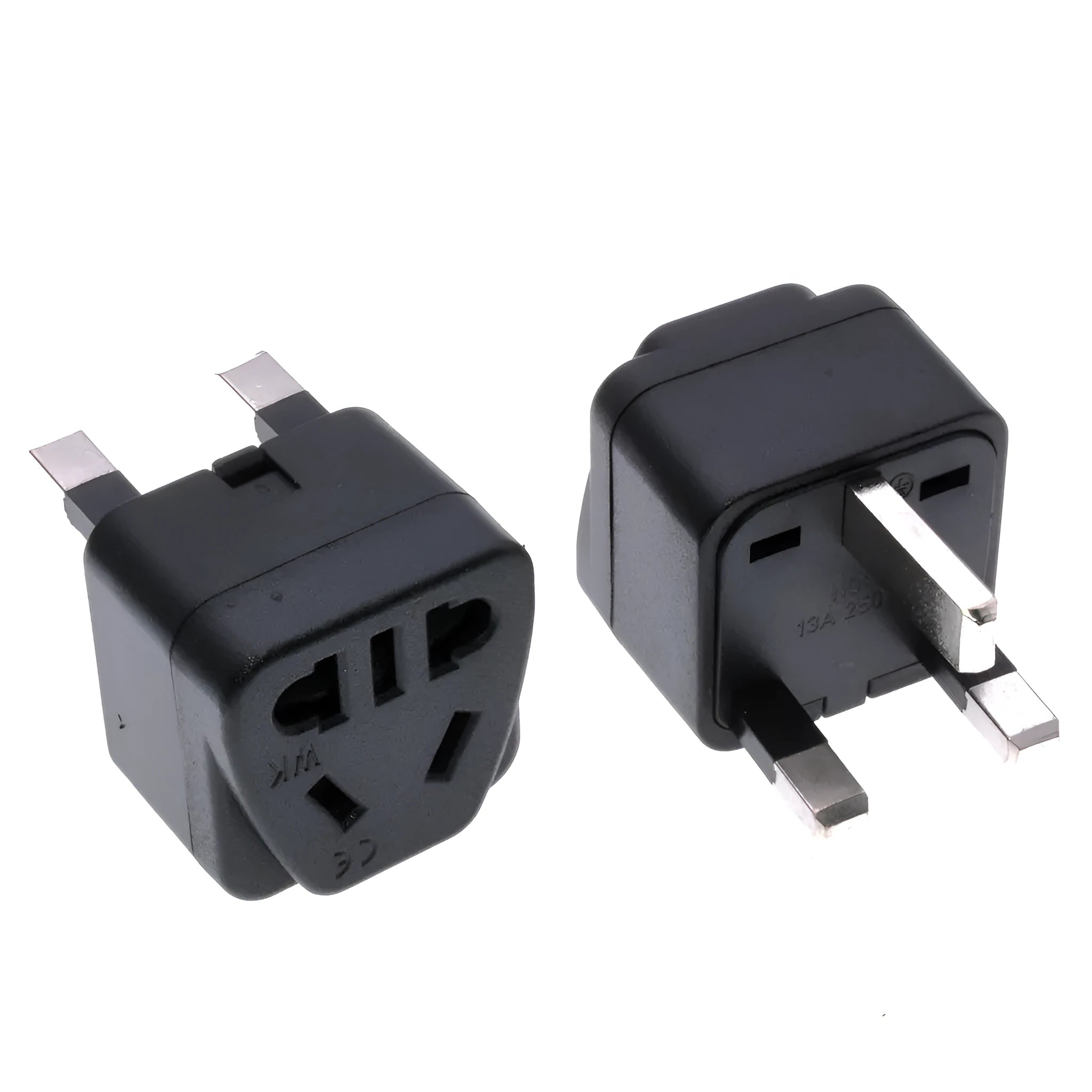 Square three plug power conversion adapter in black or white with five UK socket outputs