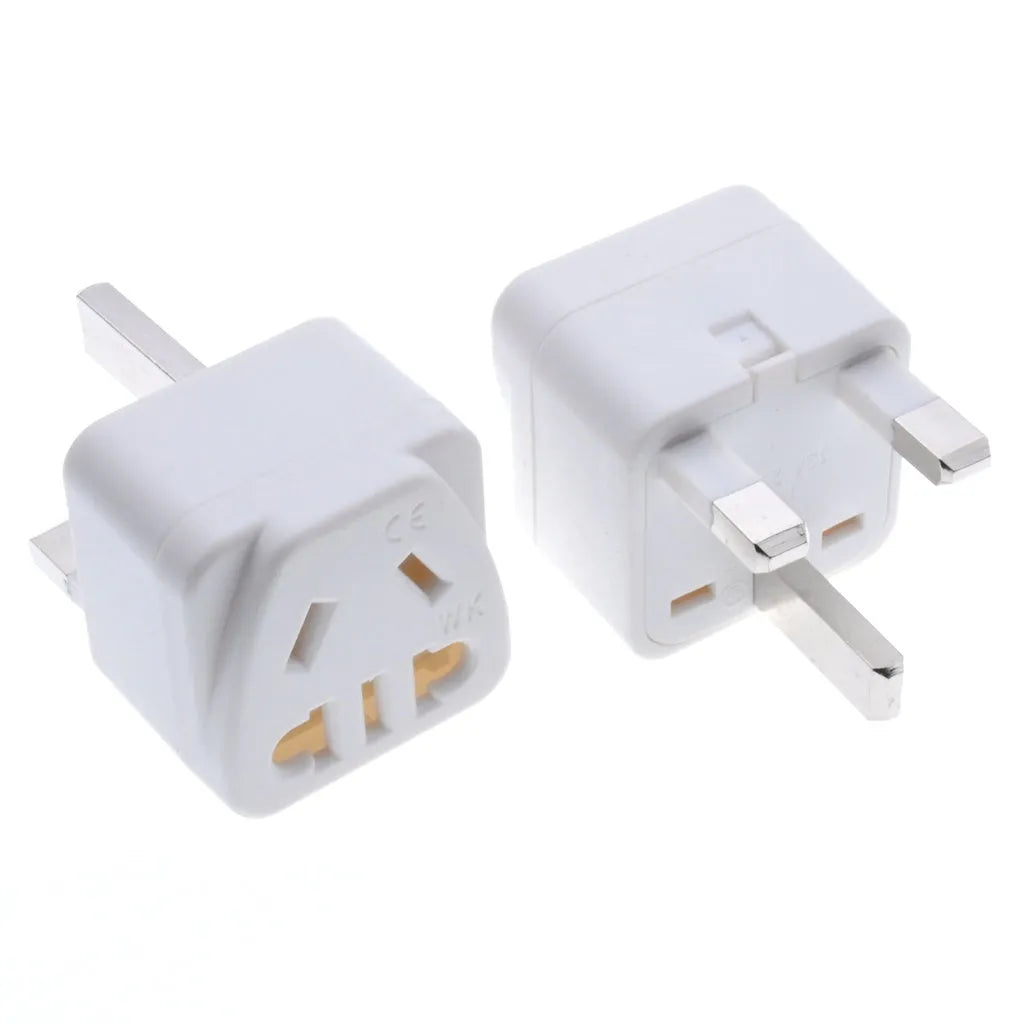 Square three plug power conversion adapter in black or white with five UK socket outputs