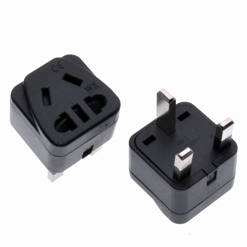 Square three plug power conversion adapter in black or white with five UK socket outputs
