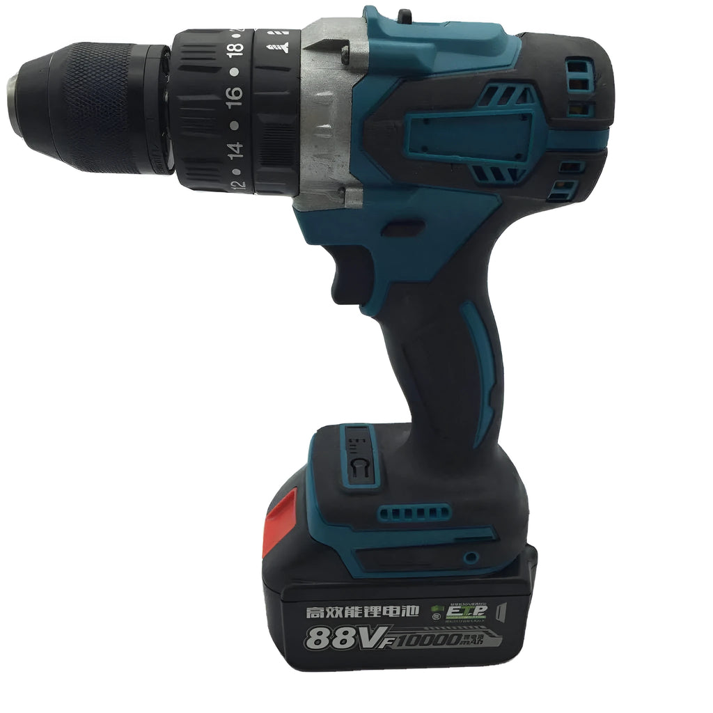 21V cordless multi function impact drill and electric screwdriver with lithium battery and charger.