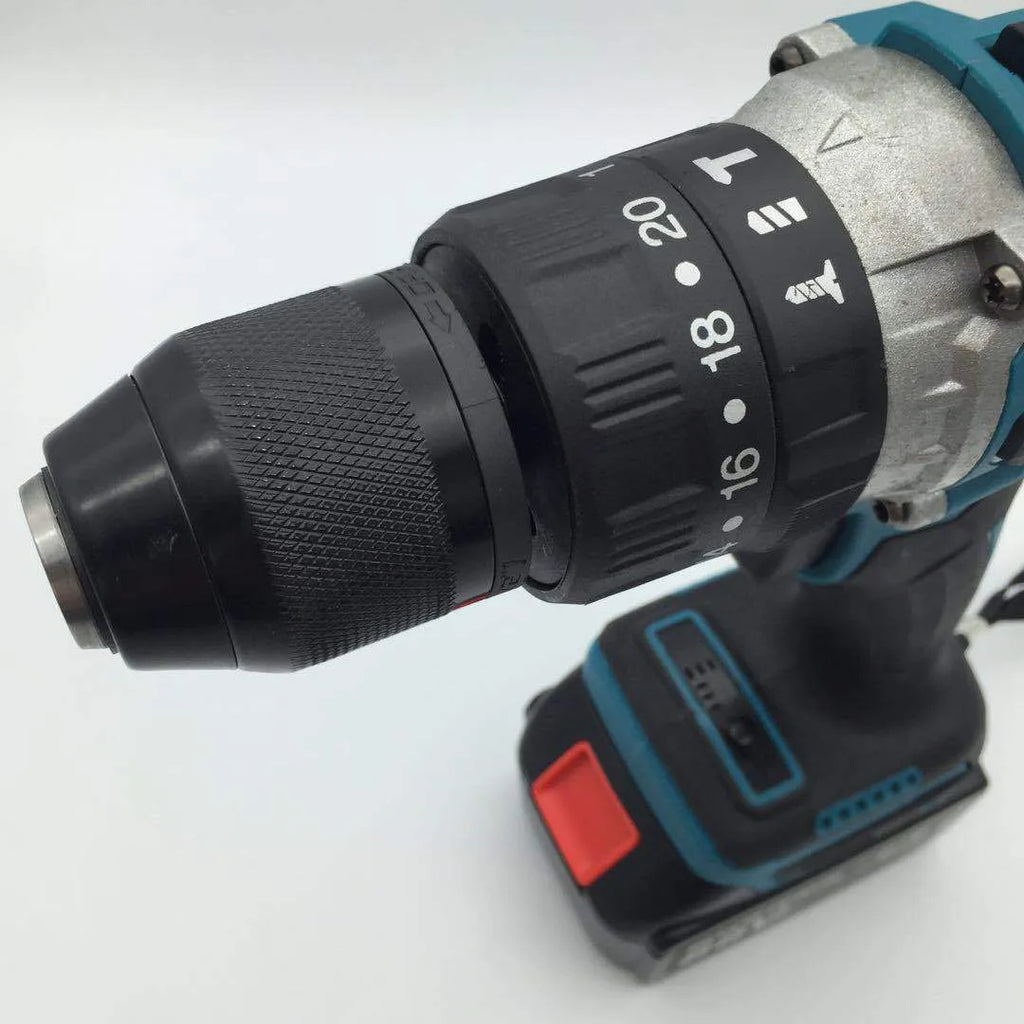 21V cordless multi function impact drill and electric screwdriver with lithium battery and charger.