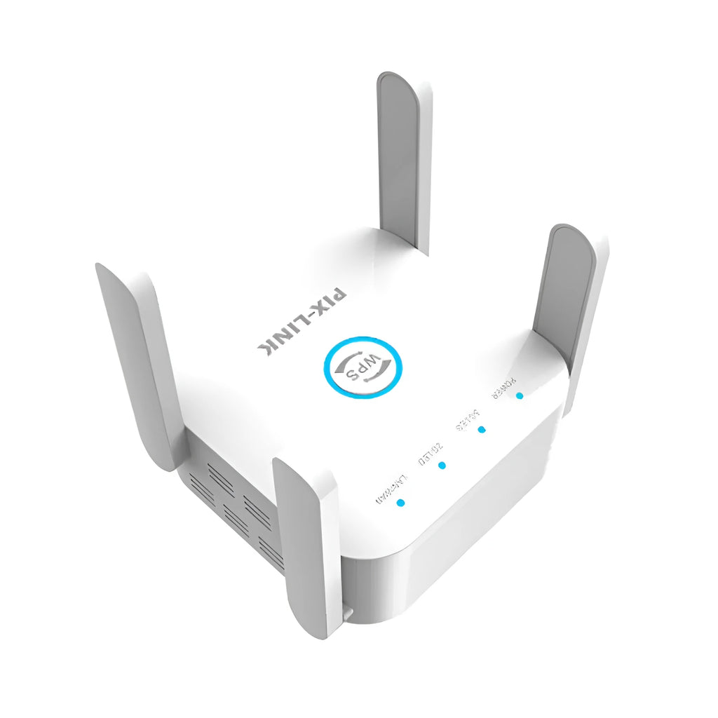 PIXLINK AC24 dual-band wireless WiFi extender router in black or white colour with regional power plugs.