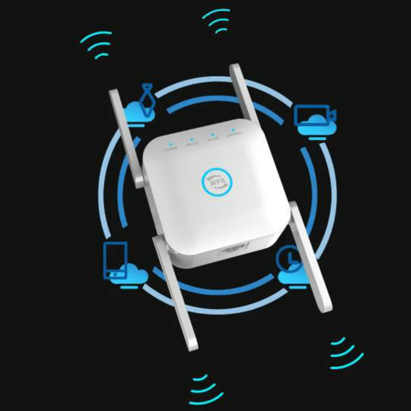 PIXLINK AC24 dual-band wireless WiFi extender router in black or white colour with regional power plugs.