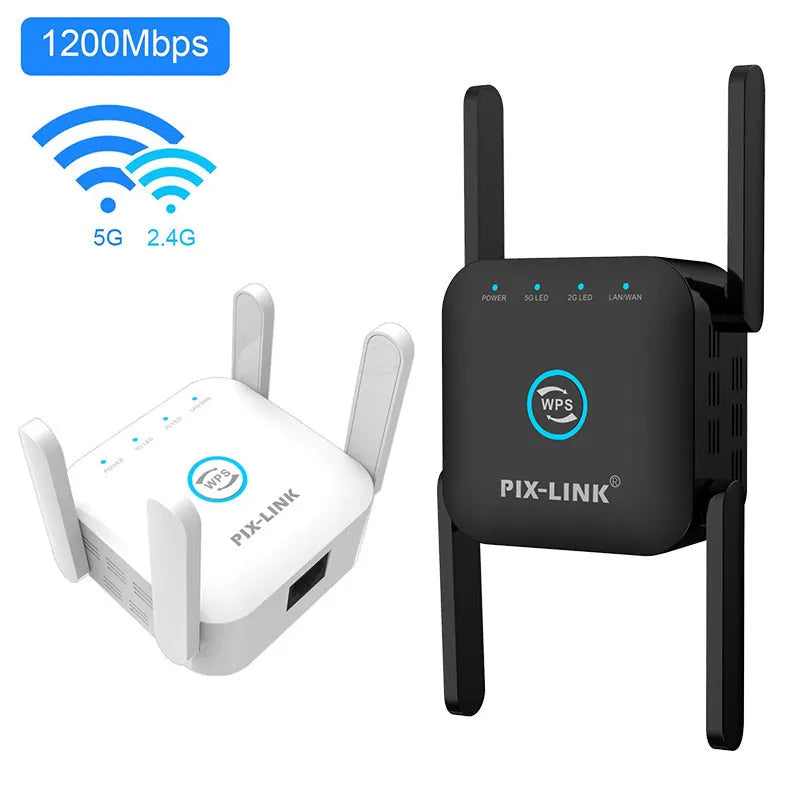 PIXLINK AC24 dual-band wireless WiFi extender router in black or white colour with regional power plugs.