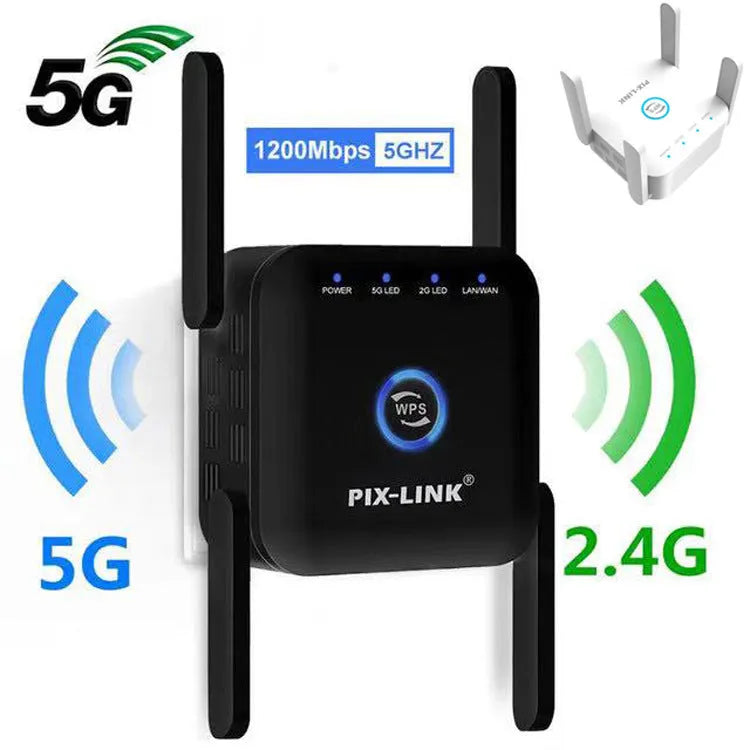 PIXLINK AC24 dual-band wireless WiFi extender router in black or white colour with regional power plugs.