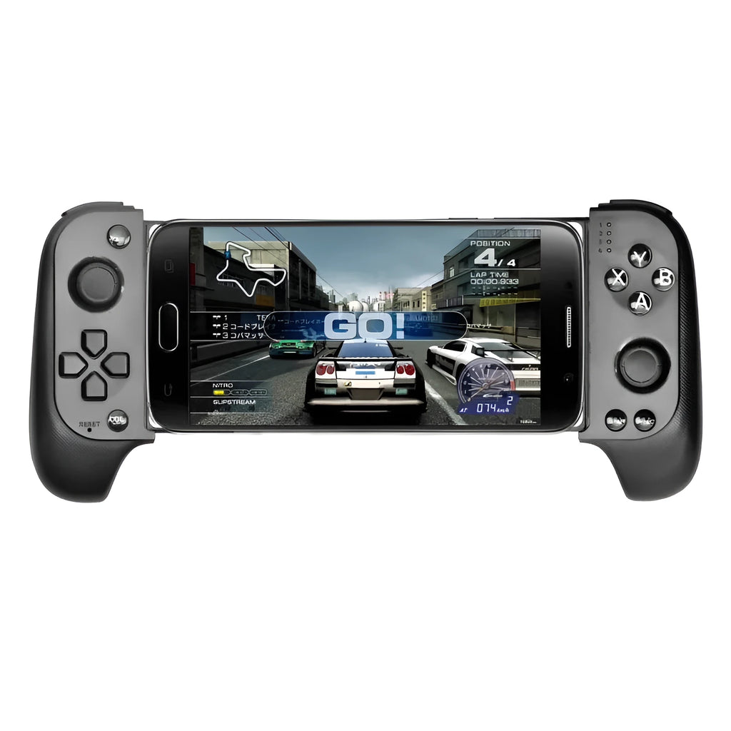 Cytec black and red blue wireless Bluetooth telescopic game controller holding a mobile phone