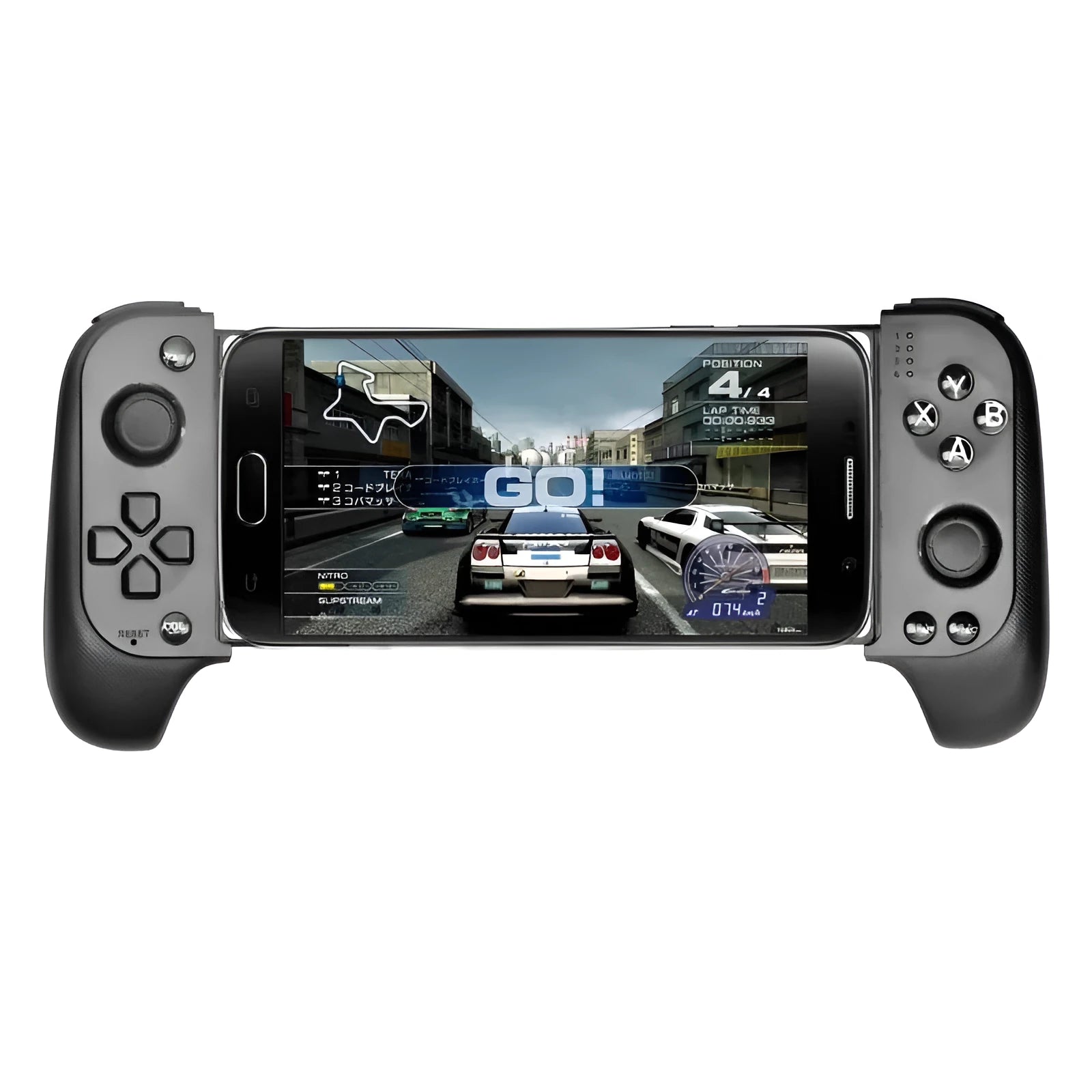 Cytec black and red blue wireless Bluetooth telescopic game controller holding a mobile phone