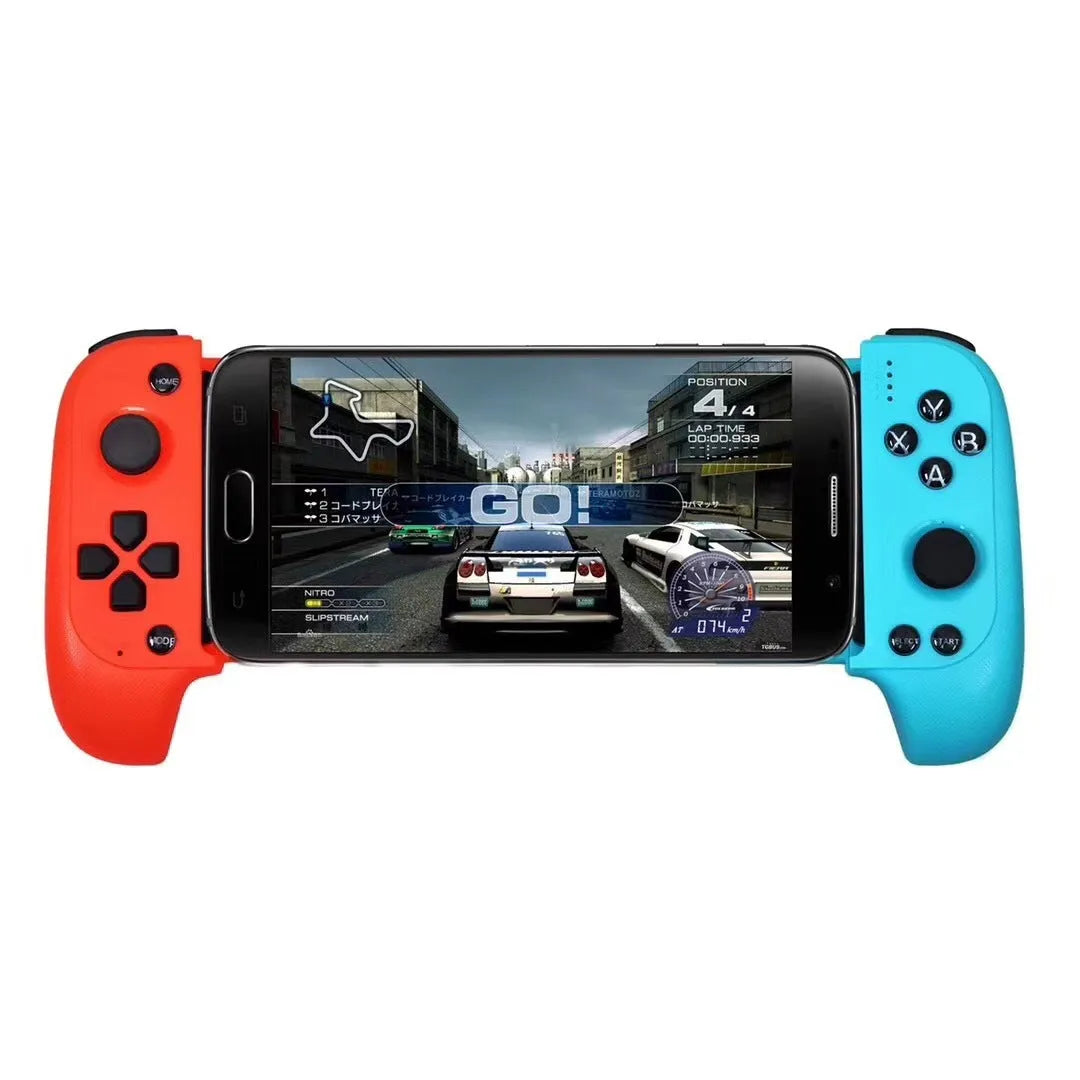 Cytec black and red blue wireless Bluetooth telescopic game controller holding a mobile phone