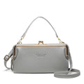 Korean style horizontal ladies messenger bag in PU leather, showing card slot and zipper, colour options include lilac, pink, grey, black.
