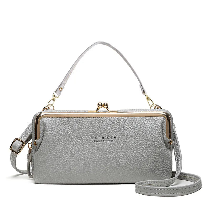 Korean style horizontal ladies messenger bag in PU leather, showing card slot and zipper, colour options include lilac, pink, grey, black.