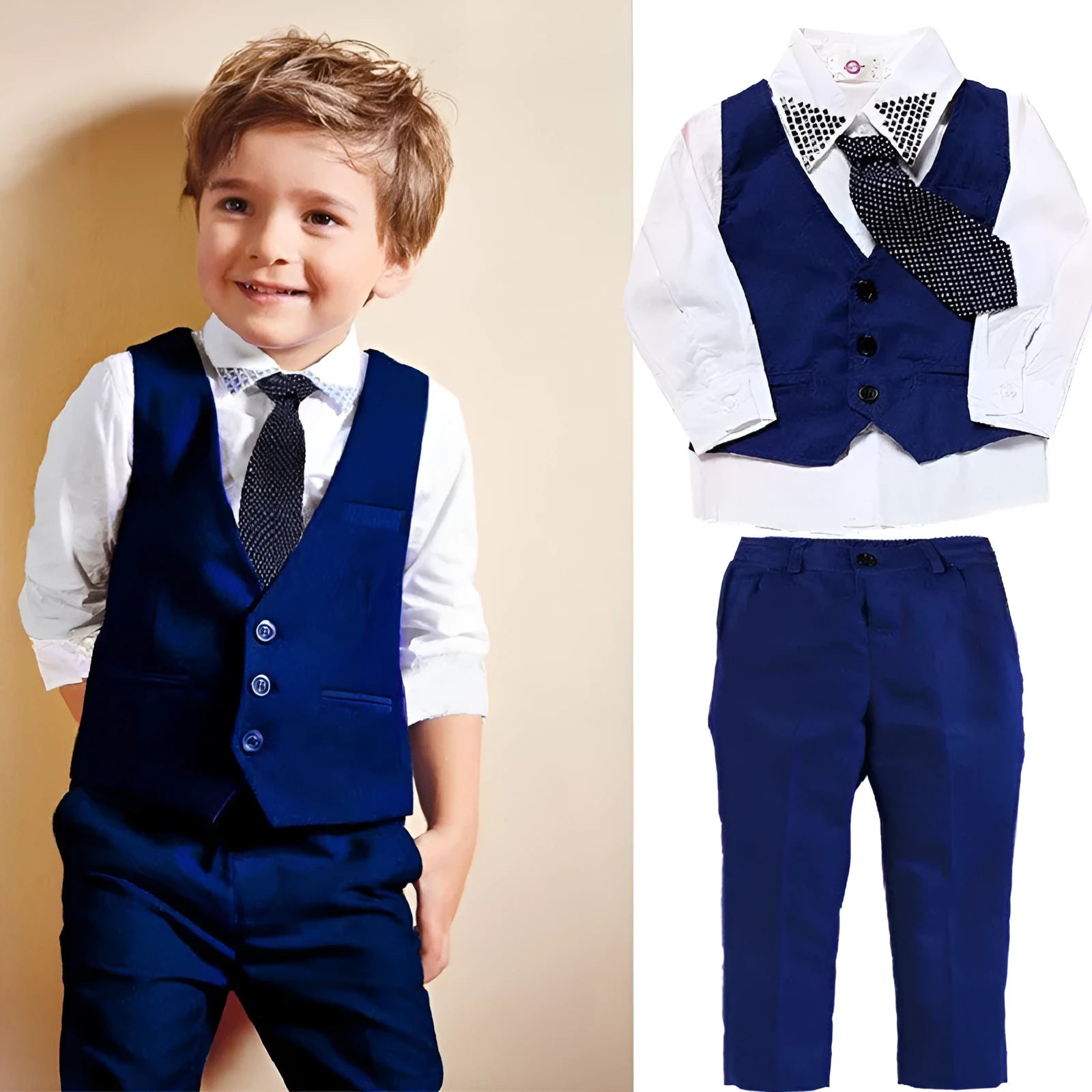 Boys blue cotton suit set with turtleneck, vest, tie and trousers for toddler formal wear