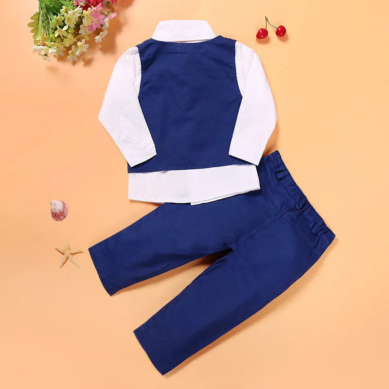Boys blue cotton suit set with turtleneck, vest, tie and trousers for toddler formal wear
