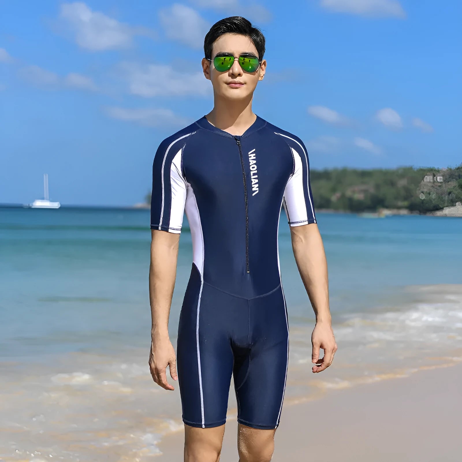 Men's black short-sleeved five-point surfing wetsuit with front zip on grey background