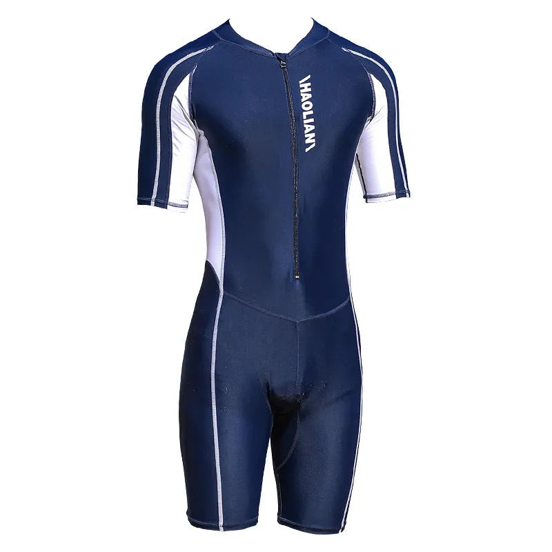 Men's black short-sleeved five-point surfing wetsuit with front zip on grey background
