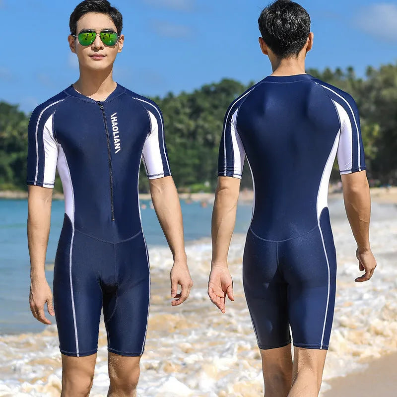 Men's black short-sleeved five-point surfing wetsuit with front zip on grey background