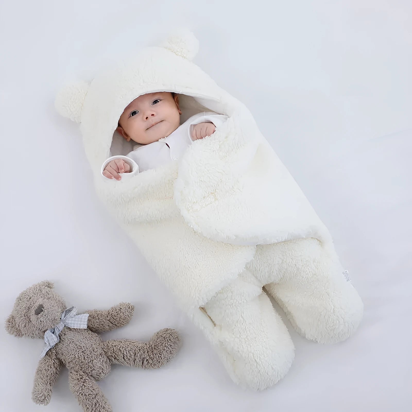 Baby quilted sleeping bag wrapper in a light blue colour showing its quilted pattern and size.