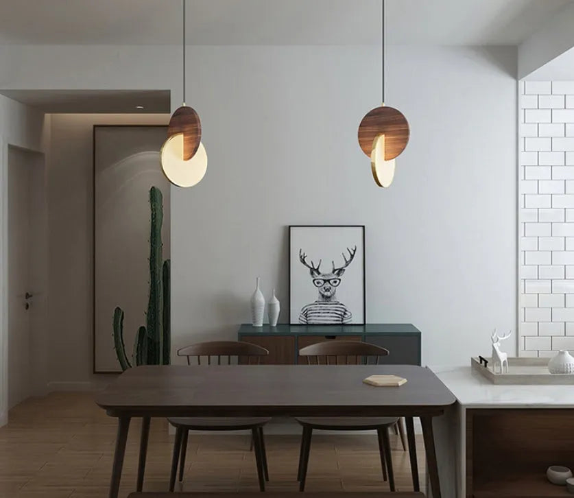 Modern long-line solid walnut wood chandelier for wall mounting.