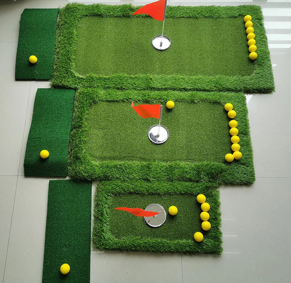 Green golf training mat on a flat surface showing PP grass texture and EVA base.