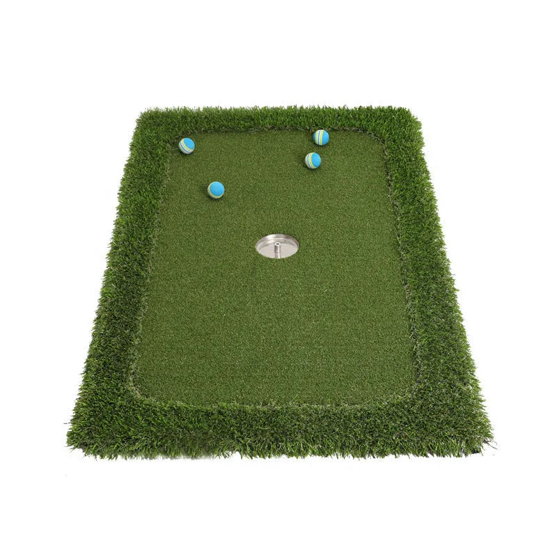 Green golf training mat on a flat surface showing PP grass texture and EVA base.