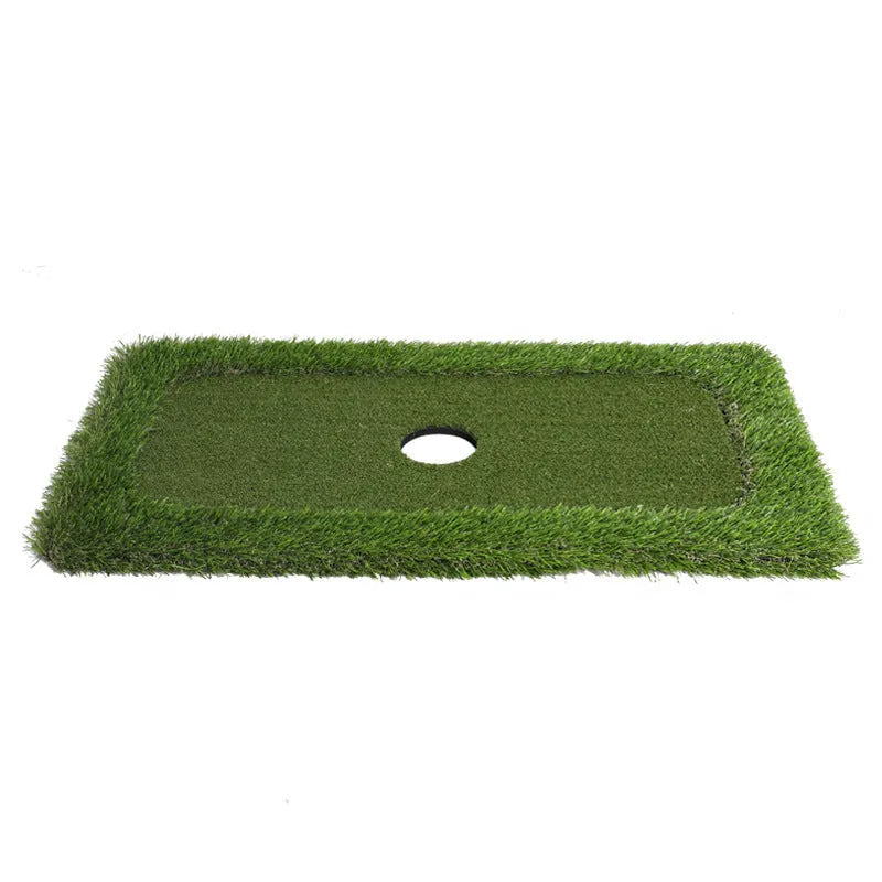 Green golf training mat on a flat surface showing PP grass texture and EVA base.