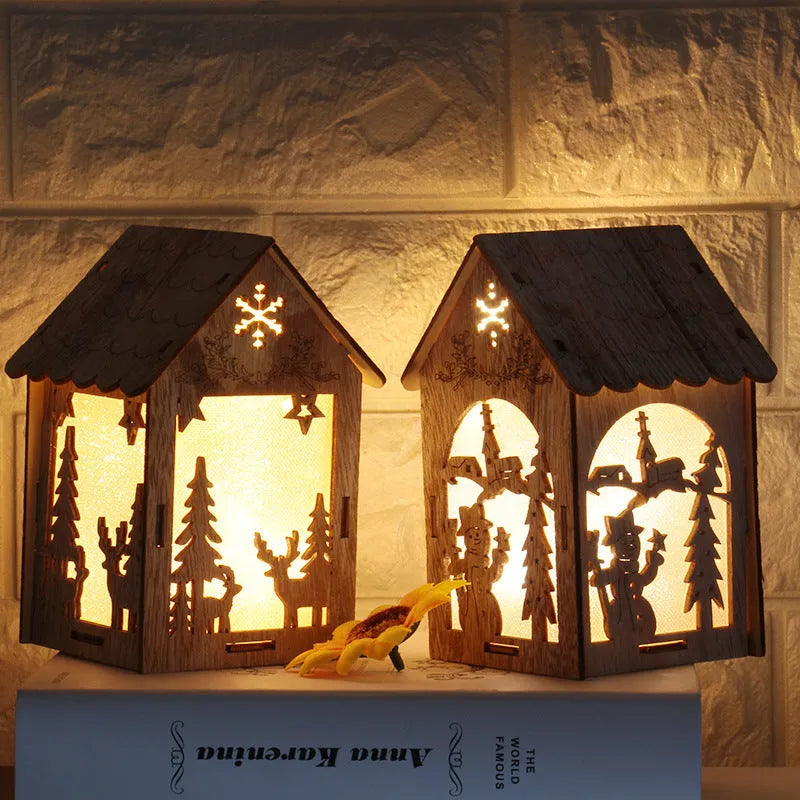 Three rustic wooden Christmas decorations including log bell, Santa Claus house, and snowman house on natural wood background